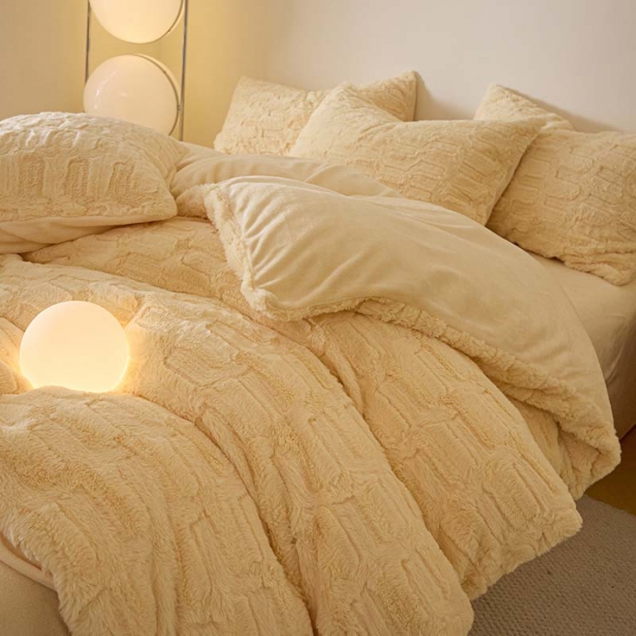 91家纺网 家纺一手货源 找家纺 沐棉 2023新款秋冬加厚保暖兔毛绒牛奶绒四件套 波浪-黄