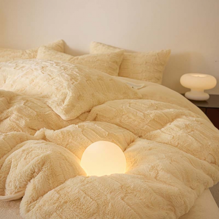 91家纺网 家纺一手货源 找家纺 沐棉 2023新款秋冬加厚保暖兔毛绒牛奶绒四件套 波浪-黄