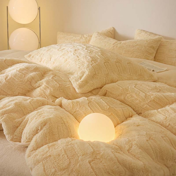 91家纺网 家纺一手货源 找家纺 沐棉 2023新款秋冬加厚保暖兔毛绒牛奶绒四件套 波浪-黄