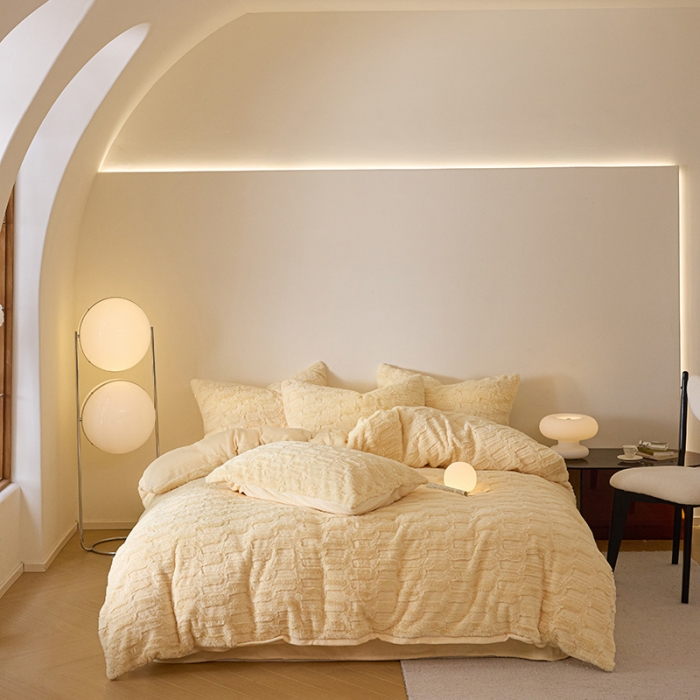 91家纺网 家纺一手货源 找家纺 沐棉 2023新款秋冬加厚保暖兔毛绒牛奶绒四件套 波浪-黄