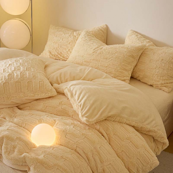 91家纺网 家纺一手货源 找家纺 沐棉 2023新款秋冬加厚保暖兔毛绒牛奶绒四件套 波浪-黄