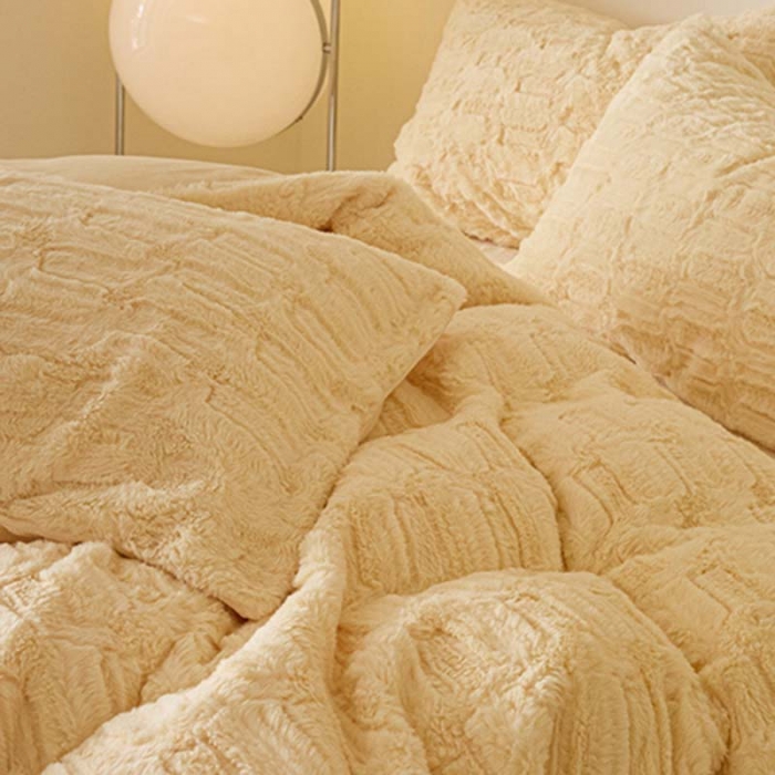 91家纺网 家纺一手货源 找家纺 沐棉 2023新款秋冬加厚保暖兔毛绒牛奶绒四件套 波浪-黄