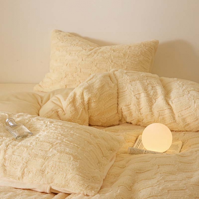 91家纺网 家纺一手货源 找家纺 沐棉 2023新款秋冬加厚保暖兔毛绒牛奶绒四件套 波浪-黄