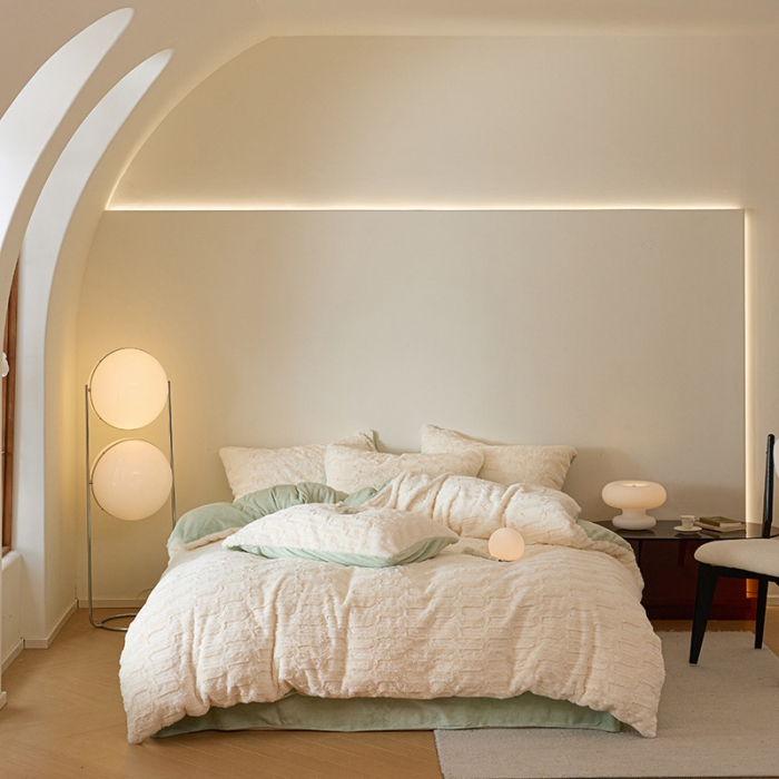 91家纺网 家纺一手货源 找家纺 沐棉 2023新款秋冬加厚保暖兔毛绒牛奶绒四件套 波浪-米拼绿