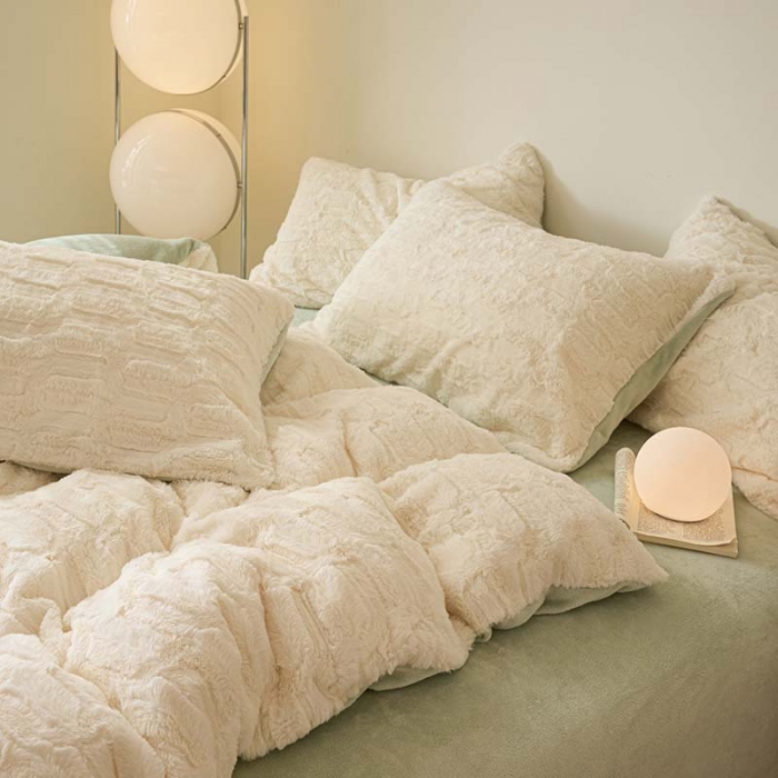 91家纺网 家纺一手货源 找家纺 沐棉 2023新款秋冬加厚保暖兔毛绒牛奶绒四件套 波浪-米拼绿