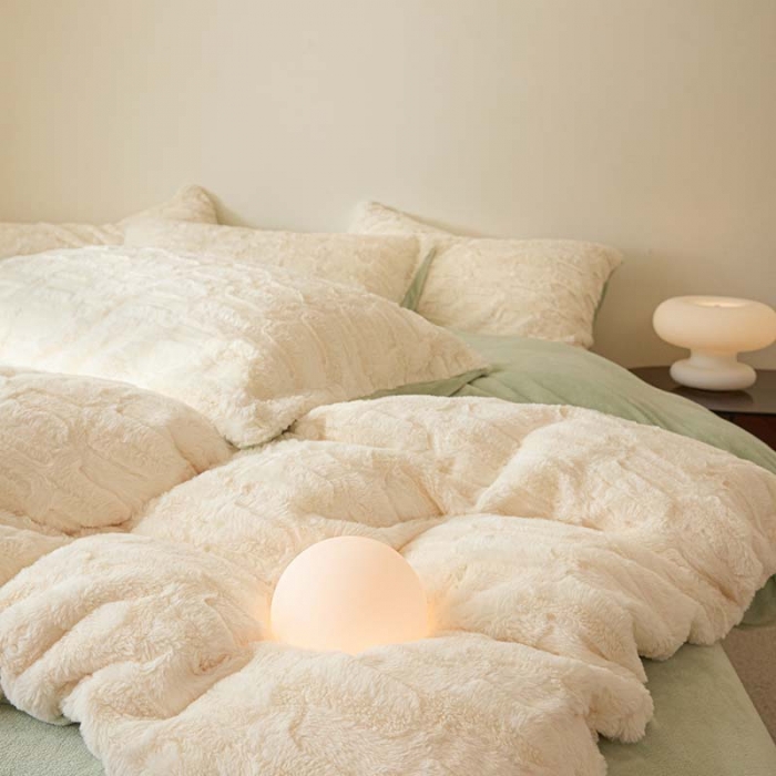 91家纺网 家纺一手货源 找家纺 沐棉 2023新款秋冬加厚保暖兔毛绒牛奶绒四件套 波浪-米拼绿