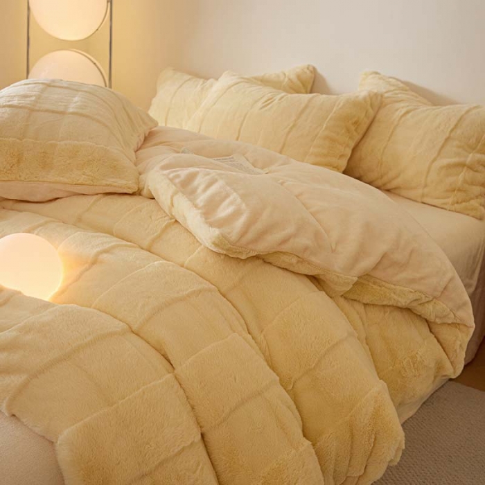 91家纺网 家纺一手货源 找家纺 沐棉 2023新款秋冬加厚保暖兔毛绒牛奶绒四件套 方格-黄