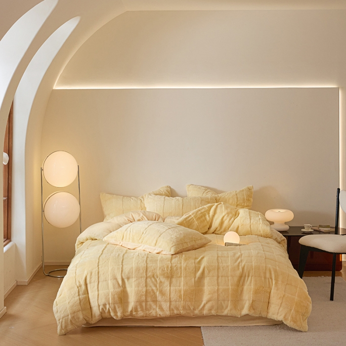 91家纺网 家纺一手货源 找家纺 沐棉 2023新款秋冬加厚保暖兔毛绒牛奶绒四件套 方格-黄