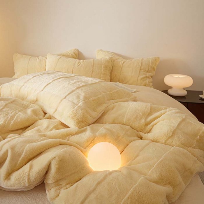 91家纺网 家纺一手货源 找家纺 沐棉 2023新款秋冬加厚保暖兔毛绒牛奶绒四件套 方格-黄