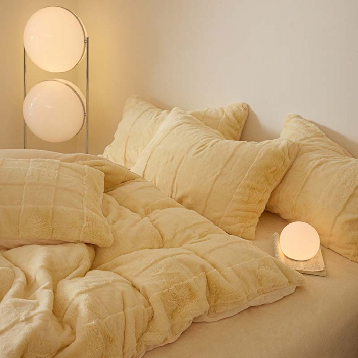 91家纺网 家纺一手货源 找家纺 沐棉 2023新款秋冬加厚保暖兔毛绒牛奶绒四件套 方格-黄