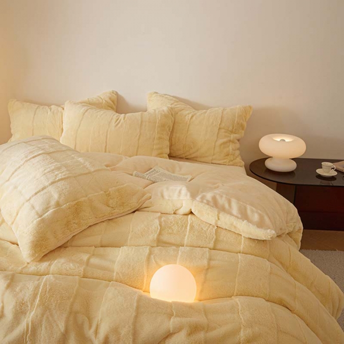 91家纺网 家纺一手货源 找家纺 沐棉 2023新款秋冬加厚保暖兔毛绒牛奶绒四件套 方格-黄