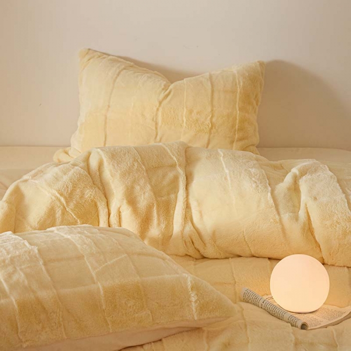 91家纺网 家纺一手货源 找家纺 沐棉 2023新款秋冬加厚保暖兔毛绒牛奶绒四件套 方格-黄