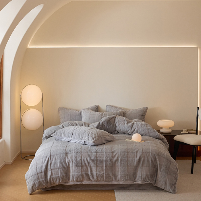 91家纺网 家纺一手货源 找家纺 沐棉 2023新款秋冬加厚保暖兔毛绒牛奶绒四件套 方格-灰