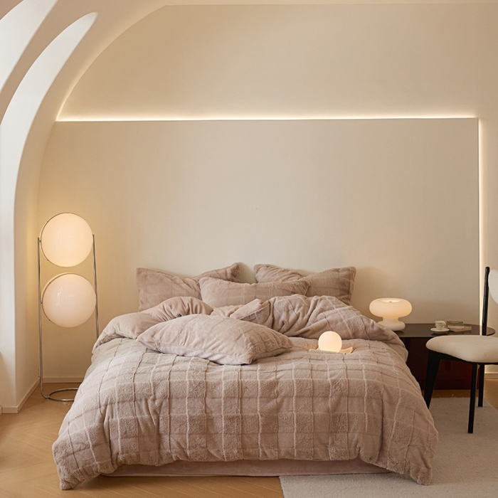 91家纺网 家纺一手货源 找家纺 沐棉 2023新款秋冬加厚保暖兔毛绒牛奶绒四件套 方格-咖