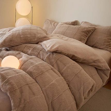 沐棉 2023新款秋冬加厚保暖兔毛绒牛奶绒四件套 方格-咖