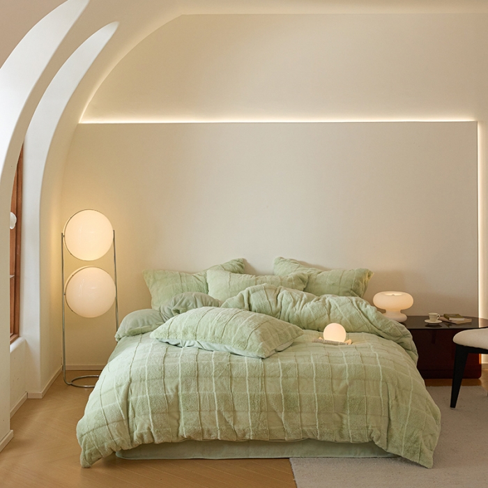 91家纺网 家纺一手货源 找家纺 沐棉 2023新款秋冬加厚保暖兔毛绒牛奶绒四件套 方格-绿