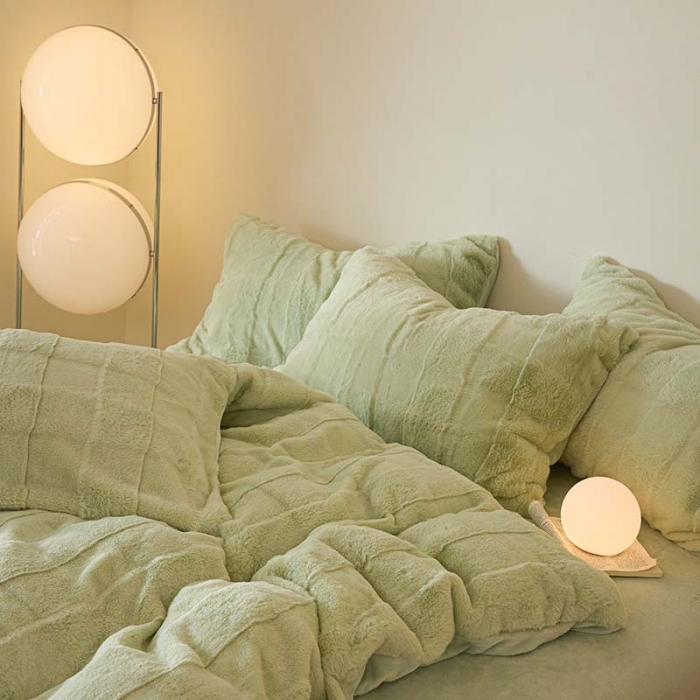 91家纺网 家纺一手货源 找家纺 沐棉 2023新款秋冬加厚保暖兔毛绒牛奶绒四件套 方格-绿