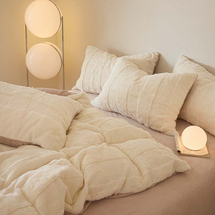 91家纺网 家纺一手货源 找家纺 沐棉 2023新款秋冬加厚保暖兔毛绒牛奶绒四件套 方格-米拼卡其