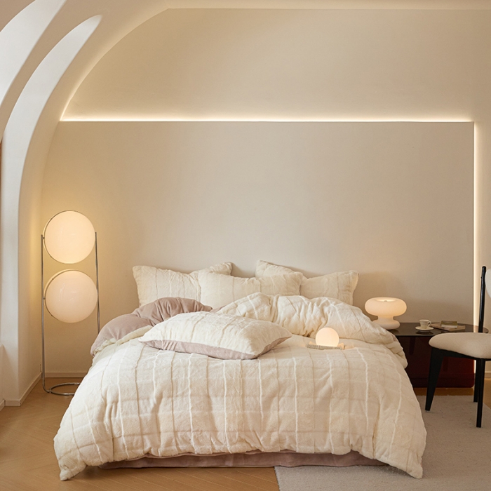 91家纺网 家纺一手货源 找家纺 沐棉 2023新款秋冬加厚保暖兔毛绒牛奶绒四件套 方格-米拼卡其