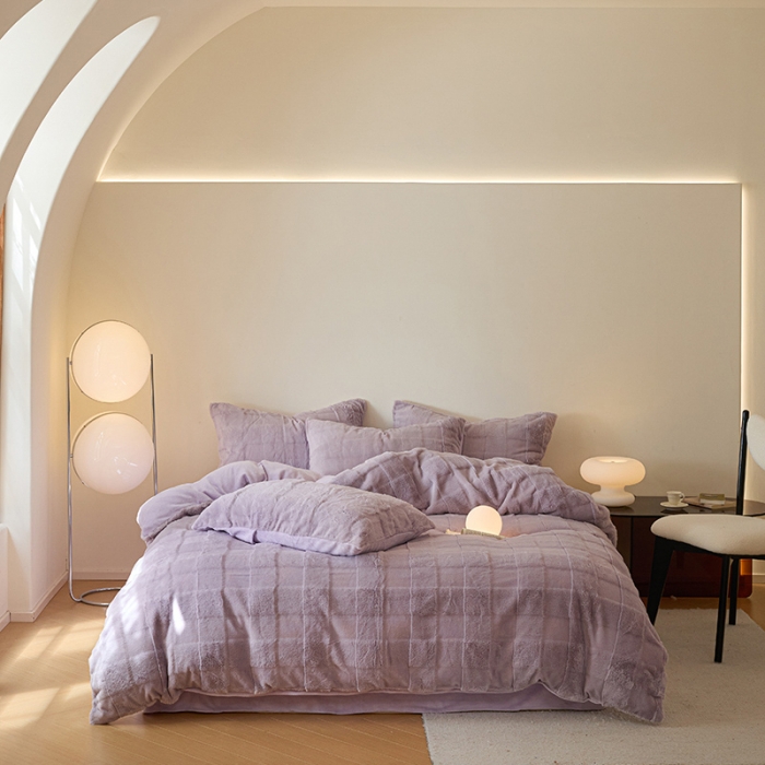 91家纺网 家纺一手货源 找家纺 沐棉 2023新款秋冬加厚保暖兔毛绒牛奶绒四件套 方格-紫