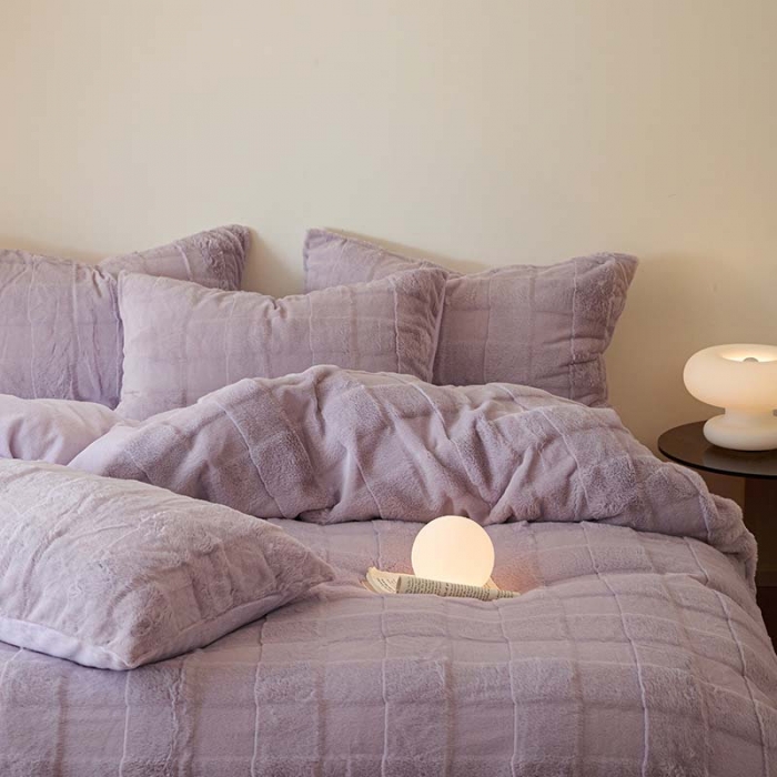 91家纺网 家纺一手货源 找家纺 沐棉 2023新款秋冬加厚保暖兔毛绒牛奶绒四件套 方格-紫