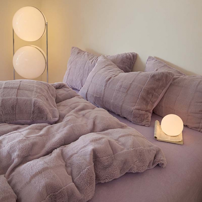 91家纺网 家纺一手货源 找家纺 沐棉 2023新款秋冬加厚保暖兔毛绒牛奶绒四件套 方格-紫