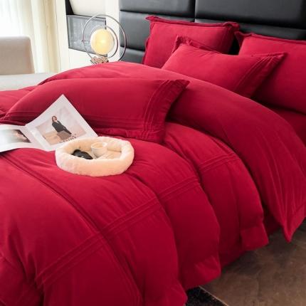 91家纺网 家纺一手货源 找家纺 卡巴伦 2023新款婴儿绒A类埋绳工艺款四件套 奢享红