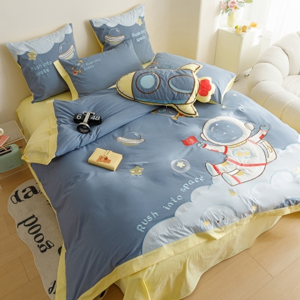 91家纺网 家纺一手货源 找家纺 绒梦里2023年全棉A类40s水洗棉贴布绣花四件套儿童三件套小清新套件