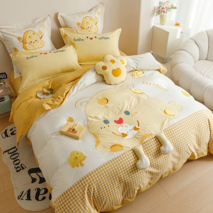 91家纺网 家纺一手货源 找家纺 绒梦里2023年全棉A类40s水洗棉贴布绣花四件套儿童三件套小清新套件