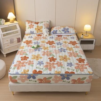 格子铺 2023新款印花牛奶绒大豆夹棉床笠 花开艳丽