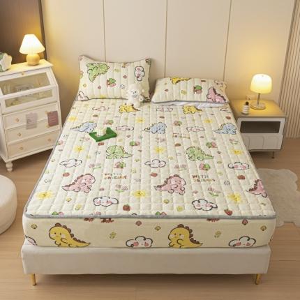 格子铺 2023新款印花牛奶绒大豆夹棉床笠 淘气恐龙