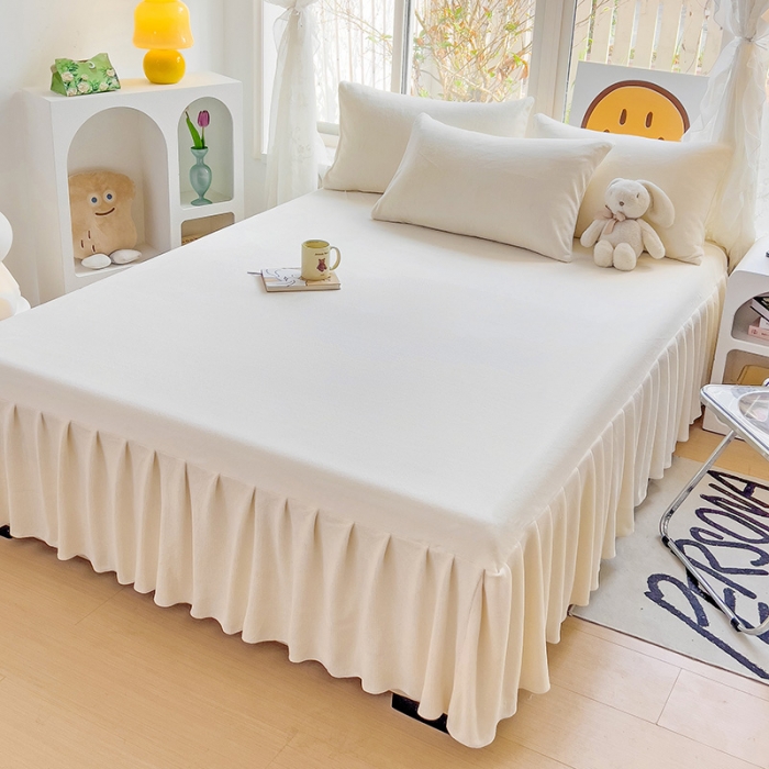 91家纺网 家纺一手货源 找家纺 极梦家纺（支持定制） 2025新款纯色高克重韩版牛奶绒单床裙三件套 牛奶白