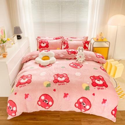 91家纺网 家纺一手货源 找家纺 妖妖家纺 2023新款 法莱绒加厚保暖四件套 嘟嘟熊头