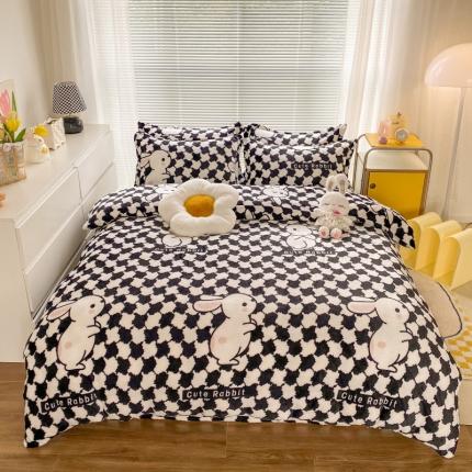 91家纺网 家纺一手货源 找家纺 妖妖家纺 2023新款 法莱绒加厚保暖四件套 兔崽