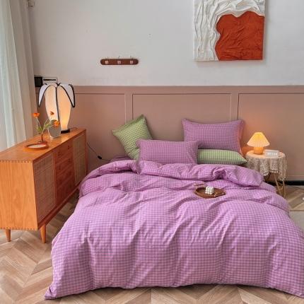 91家纺网 家纺一手货源 找家纺 （总）三沁 2024新款AAA版直播爆款纯棉全棉色织水洗棉简约格子式四件套（床单圆角荷叶边）