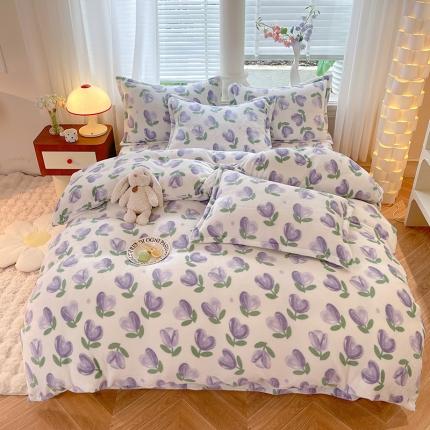 妖妖家纺 2023新款 法莱绒加厚保暖四件套 紫韵花开