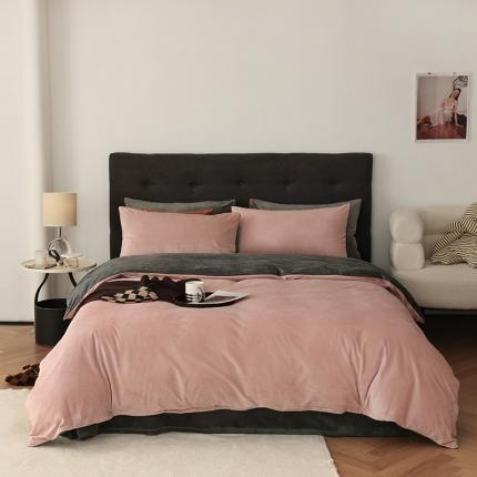 91家纺网 家纺一手货源 找家纺 寐眠 2023新款双面保暖加厚天鹅绒四件套 浅粉深灰