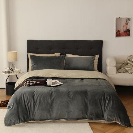 91家纺网 家纺一手货源 找家纺 寐眠 2023新款双面保暖加厚天鹅绒四件套 深灰米白