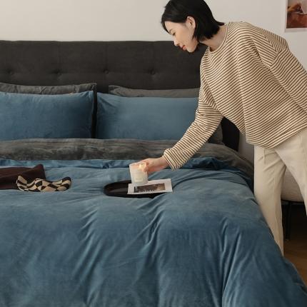 91家纺网 家纺一手货源 找家纺 寐眠 2023新款双面保暖加厚天鹅绒四件套 雾蓝深灰