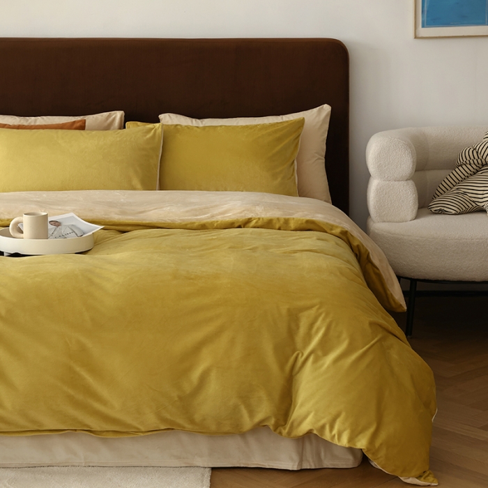 91家纺网 家纺一手货源 找家纺 寐眠 2023新款双面保暖加厚天鹅绒四件套 姜黄奶茶