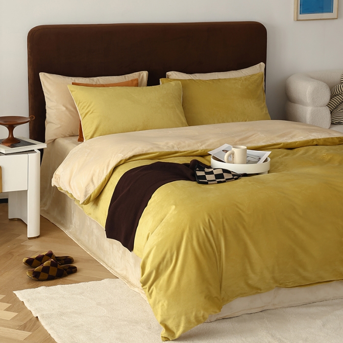 91家纺网 家纺一手货源 找家纺 寐眠 2023新款双面保暖加厚天鹅绒四件套 姜黄奶茶