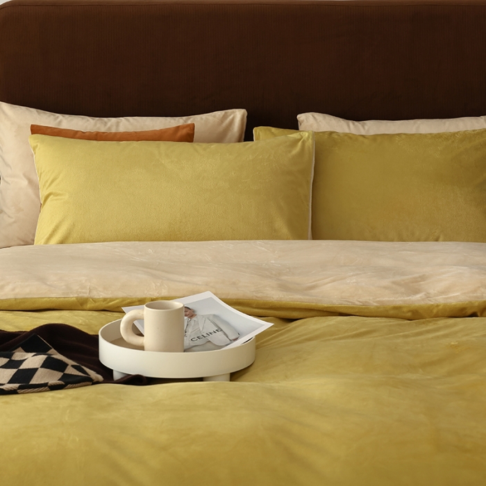 91家纺网 家纺一手货源 找家纺 寐眠 2023新款双面保暖加厚天鹅绒四件套 姜黄奶茶