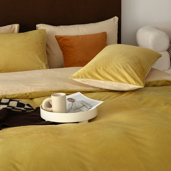 91家纺网 家纺一手货源 找家纺 寐眠 2023新款双面保暖加厚天鹅绒四件套 姜黄奶茶