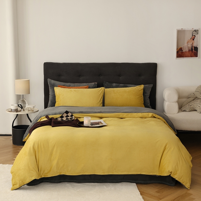 91家纺网 家纺一手货源 找家纺 寐眠 2023新款双面保暖加厚天鹅绒四件套 姜黄深灰