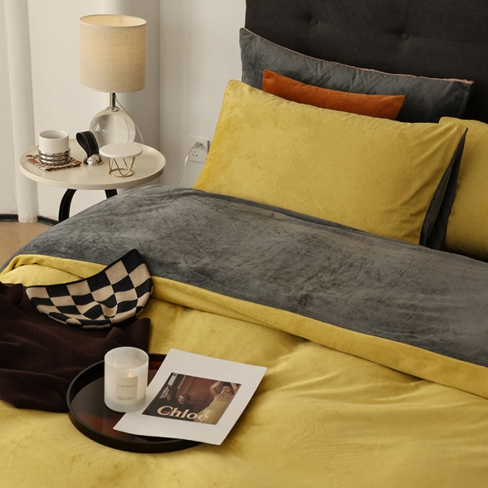 91家纺网 家纺一手货源 找家纺 寐眠 2023新款双面保暖加厚天鹅绒四件套 姜黄深灰