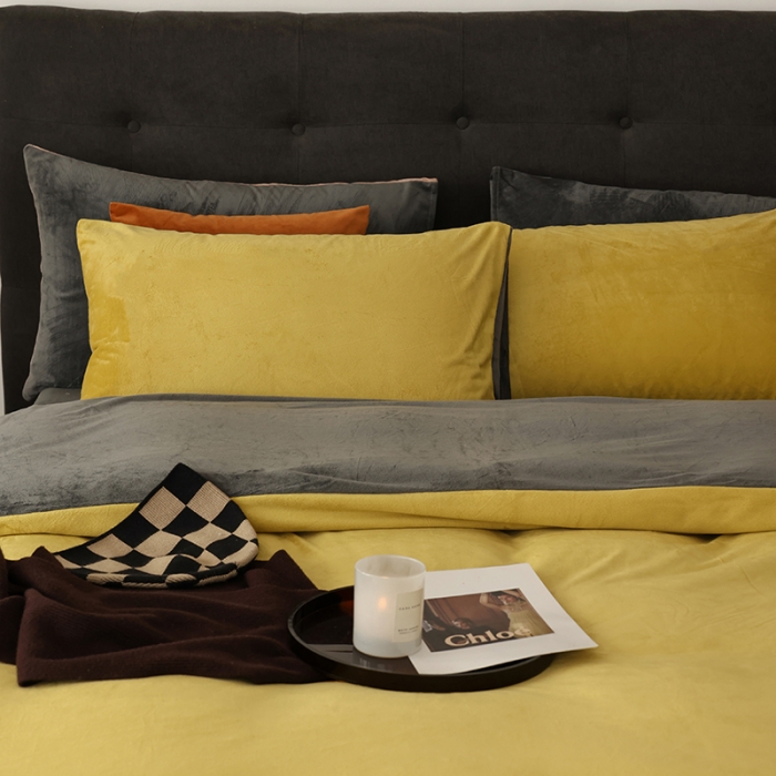 91家纺网 家纺一手货源 找家纺 寐眠 2023新款双面保暖加厚天鹅绒四件套 姜黄深灰