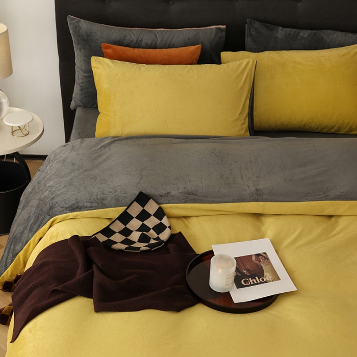 91家纺网 家纺一手货源 找家纺 寐眠 2023新款双面保暖加厚天鹅绒四件套 姜黄深灰