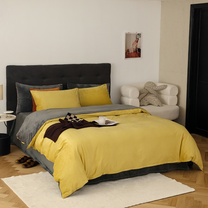 91家纺网 家纺一手货源 找家纺 寐眠 2023新款双面保暖加厚天鹅绒四件套 姜黄深灰