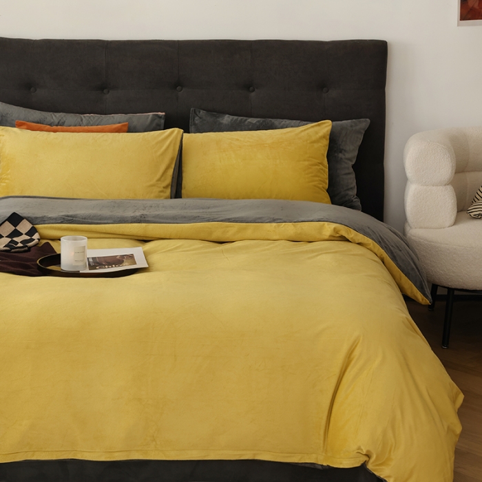 91家纺网 家纺一手货源 找家纺 寐眠 2023新款双面保暖加厚天鹅绒四件套 姜黄深灰