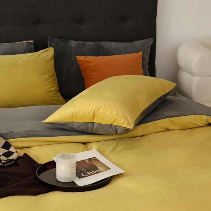 91家纺网 家纺一手货源 找家纺 寐眠 2023新款双面保暖加厚天鹅绒四件套 姜黄深灰